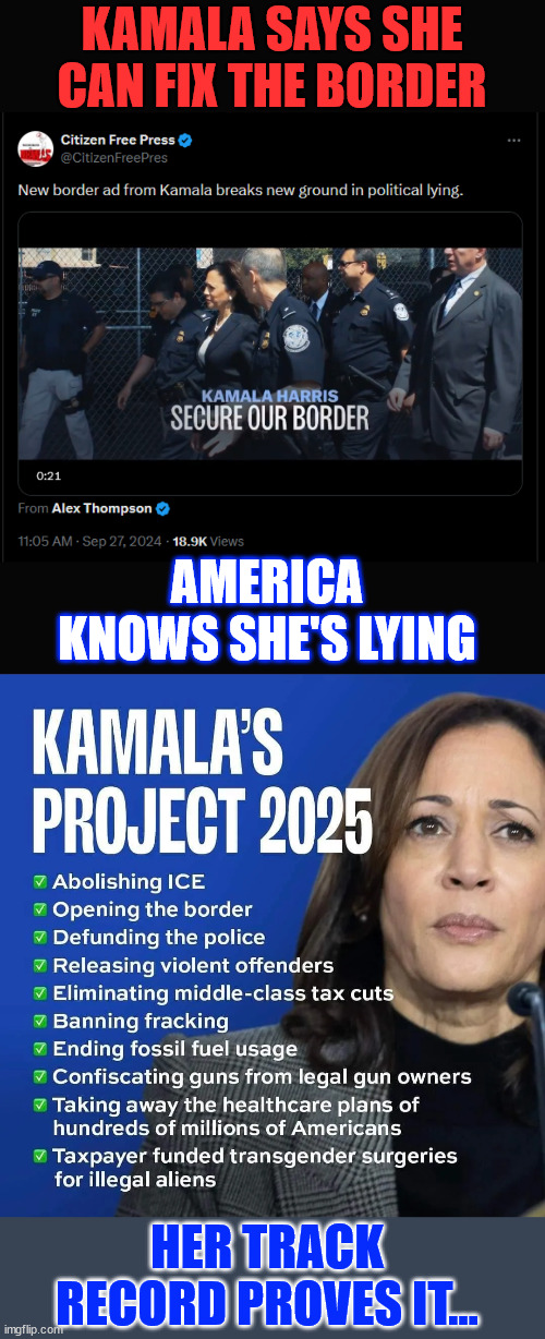 if she gets in it is game over for America | KAMALA SAYS SHE CAN FIX THE BORDER; AMERICA KNOWS SHE'S LYING; HER TRACK RECORD PROVES IT... | image tagged in kamala harris,proven liar,america will not survive,with 4 more years,failed biden harris policies | made w/ Imgflip meme maker