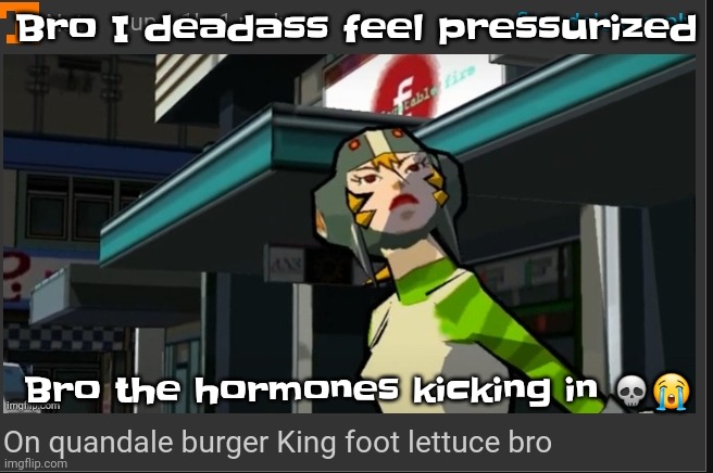 If I post that one certain character simply ignore. | Bro I deadass feel pressurized; Bro the hormones kicking in 💀😭 | image tagged in on quandale burger king foot lettuce bro | made w/ Imgflip meme maker