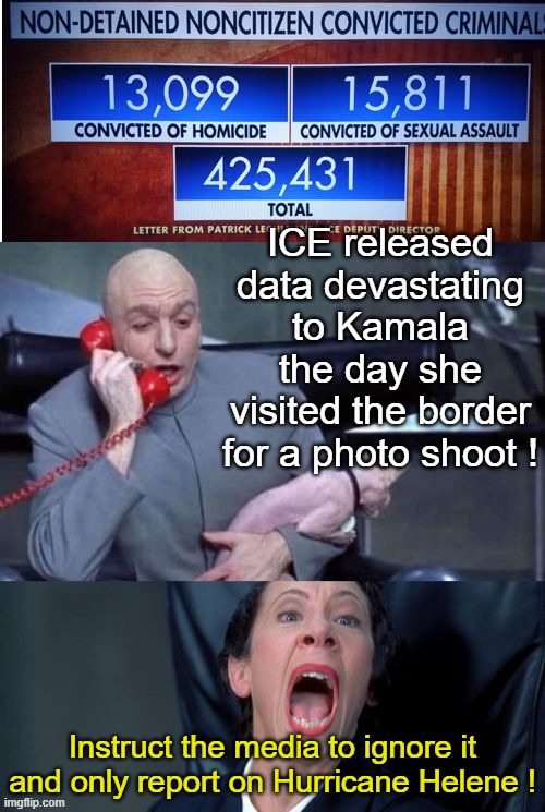 Kamala's Fake Border Visit | ICE released data devastating to Kamala the day she visited the border for a photo shoot ! Instruct the media to ignore it and only report on Hurricane Helene ! | image tagged in dr evil and ice report | made w/ Imgflip meme maker