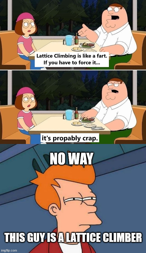 Family Guy, Climbing meme. | NO WAY; THIS GUY IS A LATTICE CLIMBER | image tagged in memes,futurama fry,lattice climbing,family guy,climbing | made w/ Imgflip meme maker