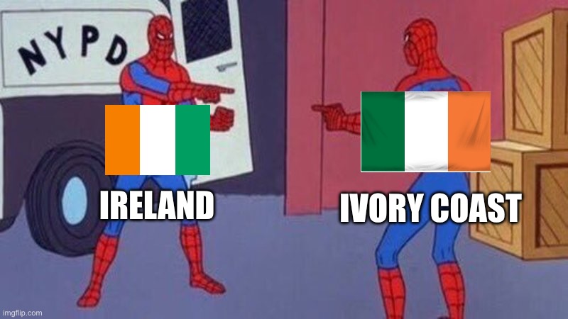 Another geography meme | IRELAND; IVORY COAST | image tagged in spiderman pointing at spiderman,ireland | made w/ Imgflip meme maker