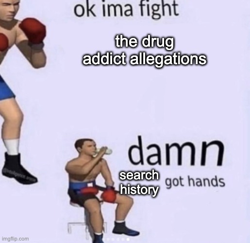 damn got hands | the drug addict allegations; search history | image tagged in damn got hands | made w/ Imgflip meme maker