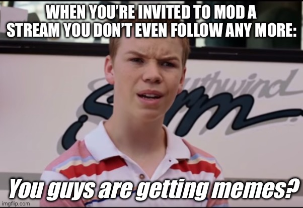 Memes? | WHEN YOU’RE INVITED TO MOD A STREAM YOU DON’T EVEN FOLLOW ANY MORE:; You guys are getting memes? | image tagged in you guys are getting paid | made w/ Imgflip meme maker