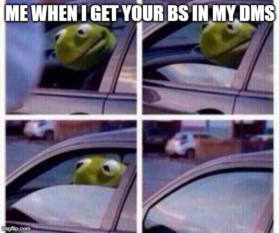 BS in dms | ME WHEN I GET YOUR BS IN MY DMS | image tagged in kermit rolls up window | made w/ Imgflip meme maker