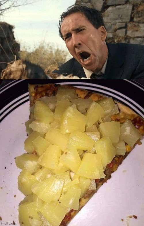 image tagged in nic cage yelling,pineapple pizza | made w/ Imgflip meme maker