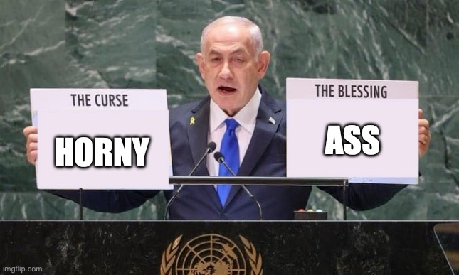 Bibi Netanyahu is horny | ASS; HORNY | image tagged in bibi netanyahu curse and blessing | made w/ Imgflip meme maker