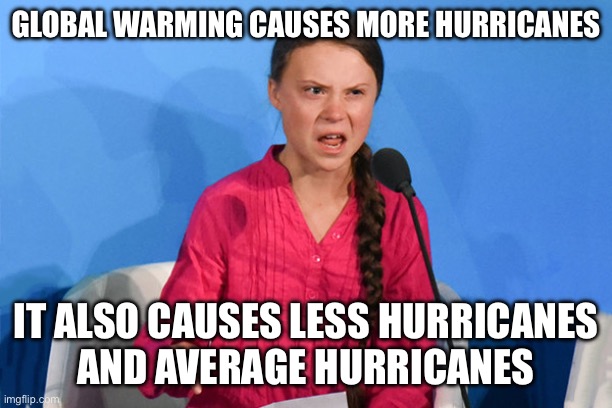 Greta how dare | GLOBAL WARMING CAUSES MORE HURRICANES IT ALSO CAUSES LESS HURRICANES
AND AVERAGE HURRICANES | image tagged in greta how dare | made w/ Imgflip meme maker