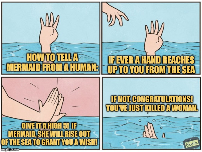 Wishing on a Mermaid | HOW TO TELL A MERMAID FROM A HUMAN:; IF EVER A HAND REACHES UP TO YOU FROM THE SEA; IF NOT, CONGRATULATIONS! YOU'VE JUST KILLED A WOMAN. GIVE IT A HIGH 5!  IF MERMAID, SHE WILL RISE OUT OF THE SEA TO GRANT YOU A WISH! | image tagged in memes,funny memes,mermaid,high five drown | made w/ Imgflip meme maker