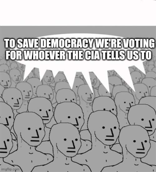 NPCProgramScreed | TO SAVE DEMOCRACY WE'RE VOTING FOR WHOEVER THE CIA TELLS US TO | image tagged in npcprogramscreed | made w/ Imgflip meme maker