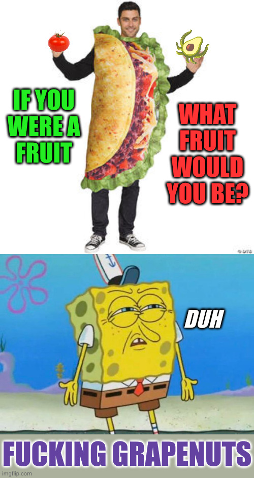 IF YOU
WERE A
FRUIT; WHAT
FRUIT
WOULD
YOU BE? DUH; FUCKING GRAPENUTS | image tagged in spongebob squint shrug | made w/ Imgflip meme maker