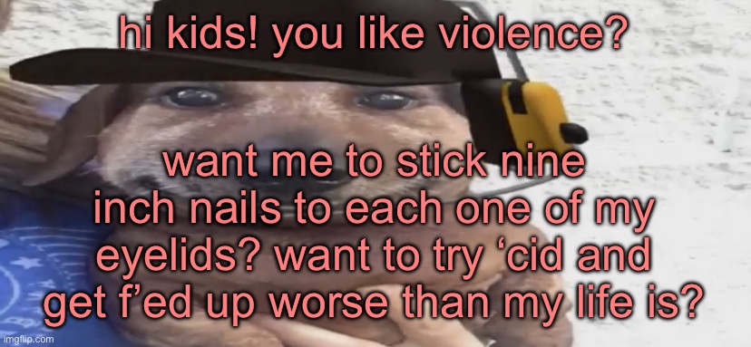 slim sady | hi kids! you like violence? want me to stick nine inch nails to each one of my eyelids? want to try ‘cid and get f’ed up worse than my life is? | image tagged in chucklenuts | made w/ Imgflip meme maker