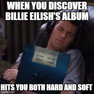 "Hard and Soft" Chandler Bing | WHEN YOU DISCOVER BILLIE EILISH'S ALBUM; HITS YOU BOTH HARD AND SOFT | image tagged in chandler hugging album | made w/ Imgflip meme maker