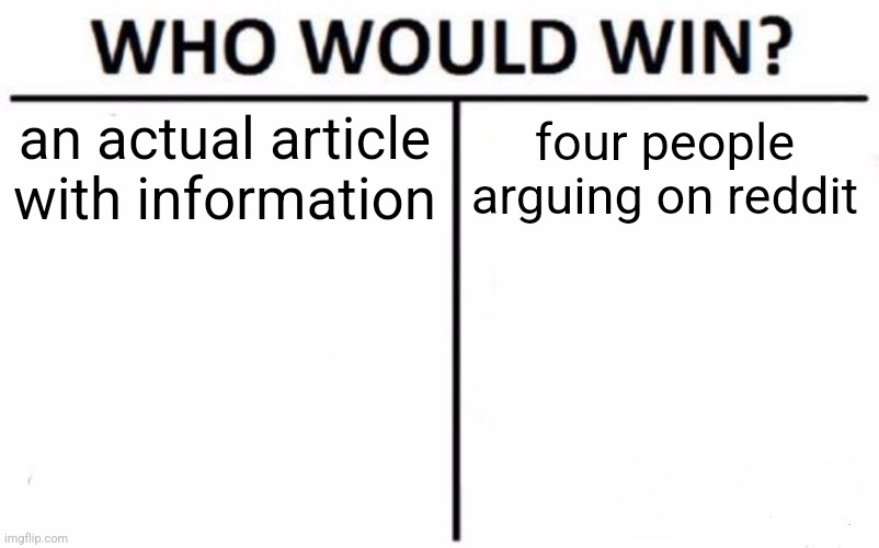 Who Would Win? Meme | an actual article with information; four people arguing on reddit | image tagged in memes,who would win | made w/ Imgflip meme maker