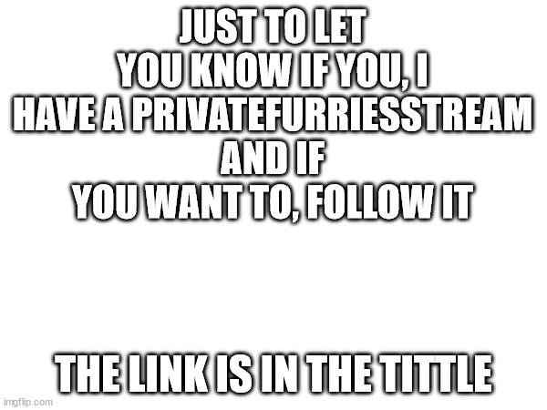 https://imgflip.com/m/PrivateFurriesStream | JUST TO LET YOU KNOW IF YOU, I HAVE A PRIVATEFURRIESSTREAM AND IF YOU WANT TO, FOLLOW IT; THE LINK IS IN THE TITTLE | image tagged in meow | made w/ Imgflip meme maker