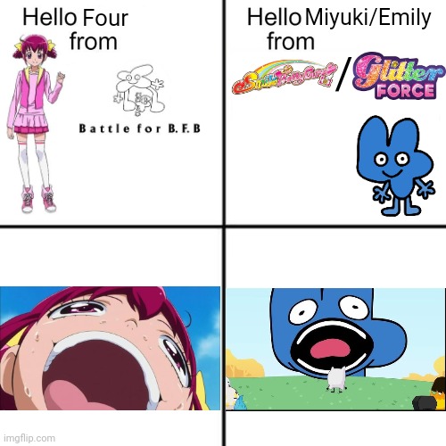 Miyuki and Four. Bottom text | Miyuki/Emily; Four; / | image tagged in hello person from,precure,pretty cure,smile precure,bfb,bfdi | made w/ Imgflip meme maker