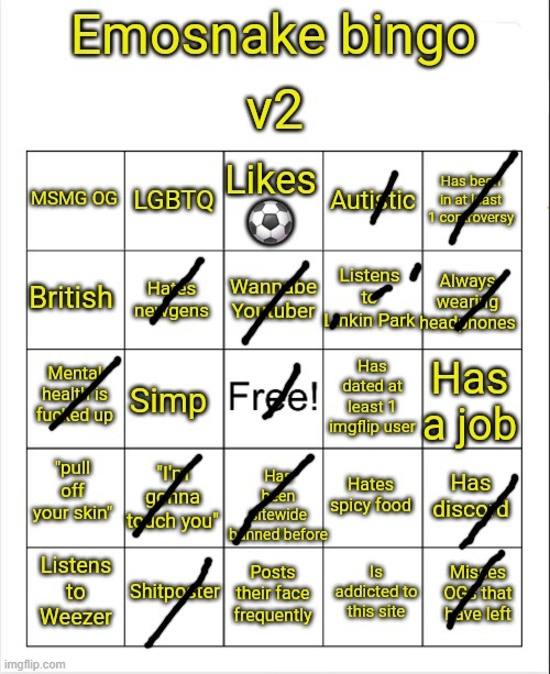 Emosnake bingo v2 | image tagged in emosnake bingo v2 | made w/ Imgflip meme maker