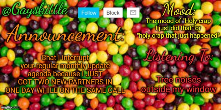 This is amazing | The mood of "Holy crap I just did that" or "holy crap that just happened"; Chat I interrupt your regular monthly update agenda because I JUST GOT TWO NEW PARTNERS IN ONE DAY WHILE ON THE SAME CALL; Tree noises outside my window | image tagged in gayskittle announcement temp by henryomg01 | made w/ Imgflip meme maker