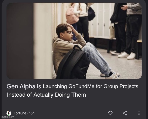 Launching GoFundMe for Group Projects | Launching GoFundMe for Group Projects; Instead of Actually Doing Them | image tagged in gen alpha is | made w/ Imgflip meme maker
