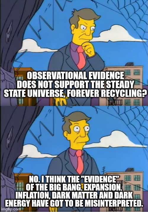 No its the children who are wrong | OBSERVATIONAL EVIDENCE DOES NOT SUPPORT THE STEADY STATE UNIVERSE, FOREVER RECYCLING? NO. I THINK THE "EVIDENCE" OF THE BIG BANG, EXPANSION, INFLATION, DARK MATTER AND DARK ENERGY HAVE GOT TO BE MISINTERPRETED. | image tagged in no its the children who are wrong | made w/ Imgflip meme maker