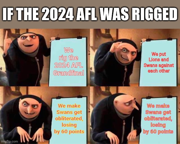 Sydney Swans deserved better this year! | IF THE 2024 AFL WAS RIGGED; We rig the 2024 AFL Grandfinal; We put Lions and Swans against each other; We make Swans get obliterated, losing by 60 points; We make Swans get obliterated, losing by 60 points | image tagged in fun,sport,memes,afl,sydney | made w/ Imgflip meme maker