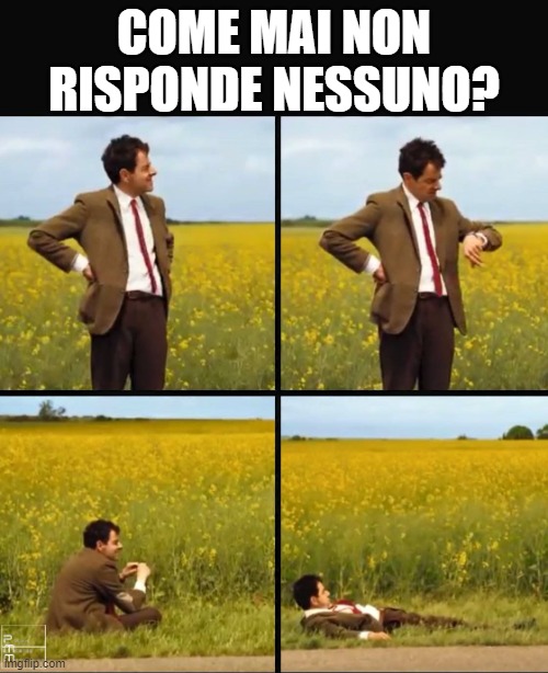 Mr bean waiting | COME MAI NON RISPONDE NESSUNO? | image tagged in mr bean waiting | made w/ Imgflip meme maker