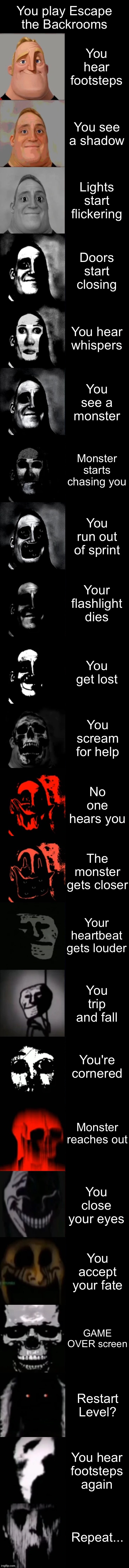 AI backrooms | You play Escape the Backrooms; You hear footsteps; You see a shadow; Lights start flickering; Doors start closing; You hear whispers; You see a monster; Monster starts chasing you; You run out of sprint; Your flashlight dies; You get lost; You scream for help; No one hears you; The monster gets closer; Your heartbeat gets louder; You trip and fall; You're cornered; Monster reaches out; You close your eyes; You accept your fate; GAME OVER screen; Restart Level? You hear footsteps again; Repeat... | image tagged in mr incredible becoming uncanny extended hd | made w/ Imgflip meme maker