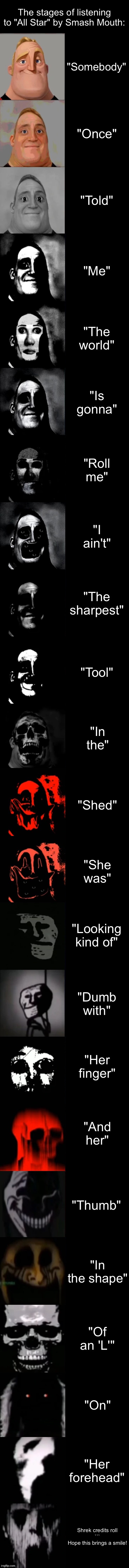 Read the whole thing XD | The stages of listening to "All Star" by Smash Mouth:; "Somebody"; "Once"; "Told"; "Me"; "The world"; "Is gonna"; "Roll me"; "I ain't"; "The sharpest"; "Tool"; "In the"; "Shed"; "She was"; "Looking kind of"; "Dumb with"; "Her finger"; "And her"; "Thumb"; "In the shape"; "Of an 'L'"; "On"; "Her forehead"; Shrek credits roll
```

Hope this brings a smile! | image tagged in mr incredible becoming uncanny extended hd | made w/ Imgflip meme maker