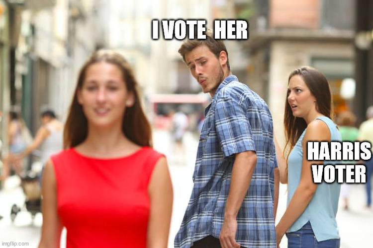 Distracted Boyfriend Meme | I VOTE  HER HARRIS VOTER | image tagged in memes,distracted boyfriend | made w/ Imgflip meme maker