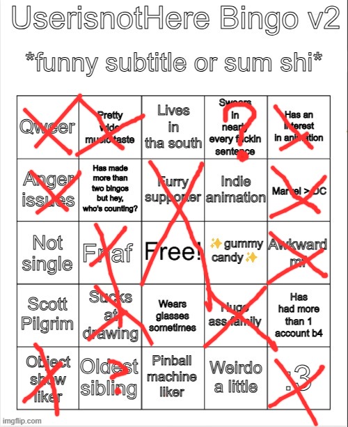 HOWD I NOT GET BINGO??? | image tagged in userisnothere bingo v2 | made w/ Imgflip meme maker