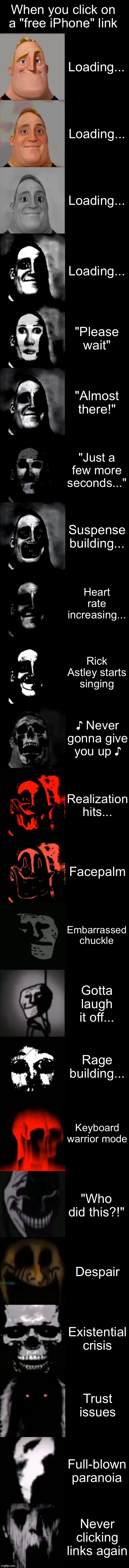 Haha XD | When you click on a "free iPhone" link; Loading... Loading... Loading... Loading... "Please wait"; "Almost there!"; "Just a few more seconds..."; Suspense building... Heart rate increasing... Rick Astley starts singing; ♪ Never gonna give you up ♪; Realization hits... Facepalm; Embarrassed chuckle; Gotta laugh it off... Rage building... Keyboard warrior mode; "Who did this?!"; Despair; Existential crisis; Trust issues; Full-blown paranoia; Never clicking links again | image tagged in mr incredible becoming uncanny extended hd | made w/ Imgflip meme maker