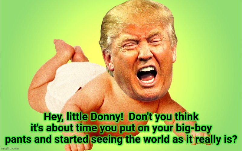 BabyMental | Hey, little Donny!  Don't you think it's about time you put on your big-boy pants and started seeing the world as it really is? | image tagged in baby trump | made w/ Imgflip meme maker