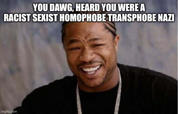 Yo Dawg Heard You | YOU DAWG, HEARD YOU WERE A RACIST SEXIST HOMOPHOBE TRANSPHOBE NAZI | image tagged in memes,yo dawg heard you | made w/ Imgflip meme maker