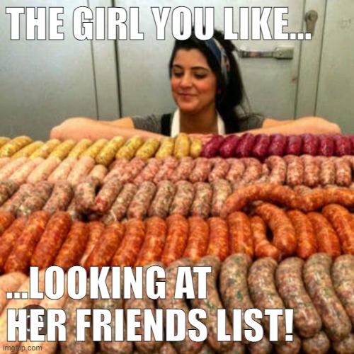 The girl you like... | THE GIRL YOU LIKE... ...LOOKING AT HER FRIENDS LIST! | image tagged in sausages | made w/ Imgflip meme maker