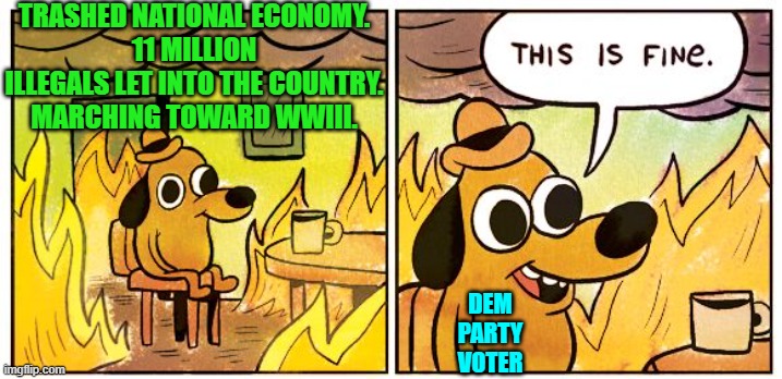 Seriously, can Dem Party voters actually think? | TRASHED NATIONAL ECONOMY.
11 MILLION ILLEGALS LET INTO THE COUNTRY.
MARCHING TOWARD WWIII. DEM PARTY VOTER | image tagged in yep | made w/ Imgflip meme maker