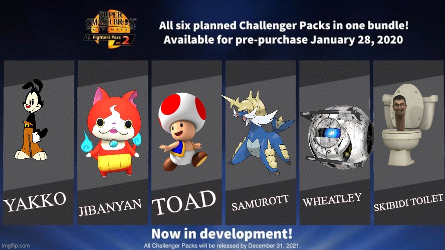 If there are three characters who i think should be in smash but aren't, it's Waluigi, Jibanyan, and Toad. | TOAD; JIBANYAN; SAMUROTT; WHEATLEY; SKIBIDI TOILET; YAKKO | image tagged in fighters pass vol 2 meme version 3 | made w/ Imgflip meme maker