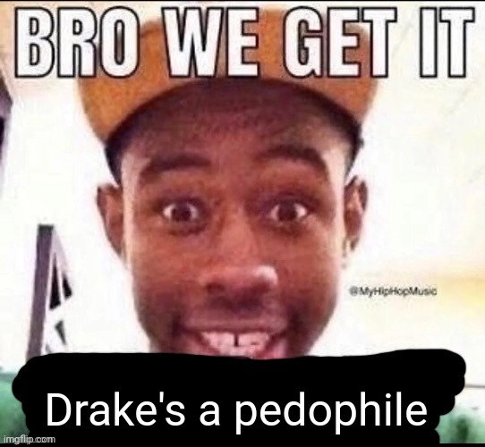 Bro we get it (blank) | Drake's a pedophile | image tagged in bro we get it blank | made w/ Imgflip meme maker