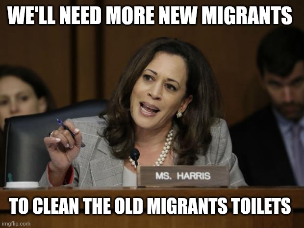 Kamala Harris | WE'LL NEED MORE NEW MIGRANTS TO CLEAN THE OLD MIGRANTS TOILETS | image tagged in kamala harris | made w/ Imgflip meme maker