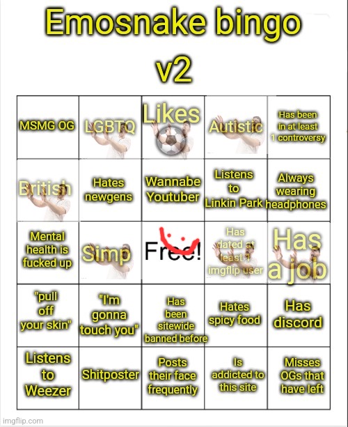 Emosnake bingo v2 | image tagged in emosnake bingo v2 | made w/ Imgflip meme maker