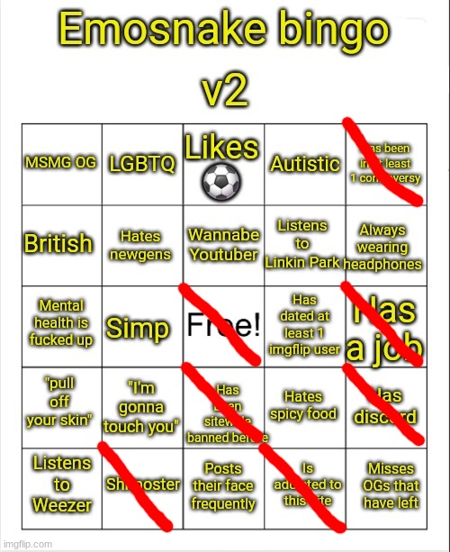 Emosnake bingo v2 | image tagged in emosnake bingo v2 | made w/ Imgflip meme maker