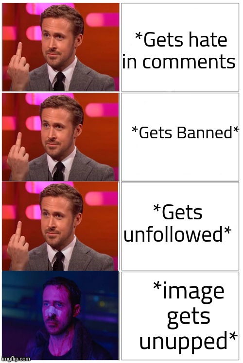 *Gets hate in comments; *Gets Banned*; *Gets unfollowed*; *image gets unupped* | made w/ Imgflip meme maker