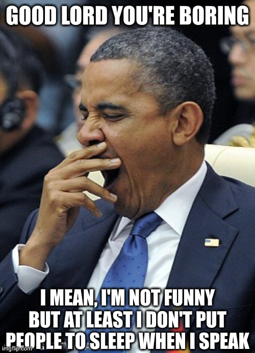 Obama Yawn | GOOD LORD YOU'RE BORING; I MEAN, I'M NOT FUNNY BUT AT LEAST I DON'T PUT PEOPLE TO SLEEP WHEN I SPEAK | image tagged in obama yawn | made w/ Imgflip meme maker