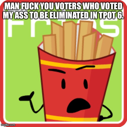 FriesBFDI. fanmade voting icon | MAN FUCK YOU VOTERS WHO VOTED MY ASS TO BE ELIMINATED IN TPOT 6. | image tagged in friesbfdi fanmade voting icon | made w/ Imgflip meme maker