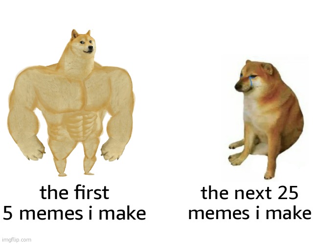 why does this happen | the first 5 memes i make; the next 25 memes i make | image tagged in buff doge vs cheems,sad,sad but true | made w/ Imgflip meme maker