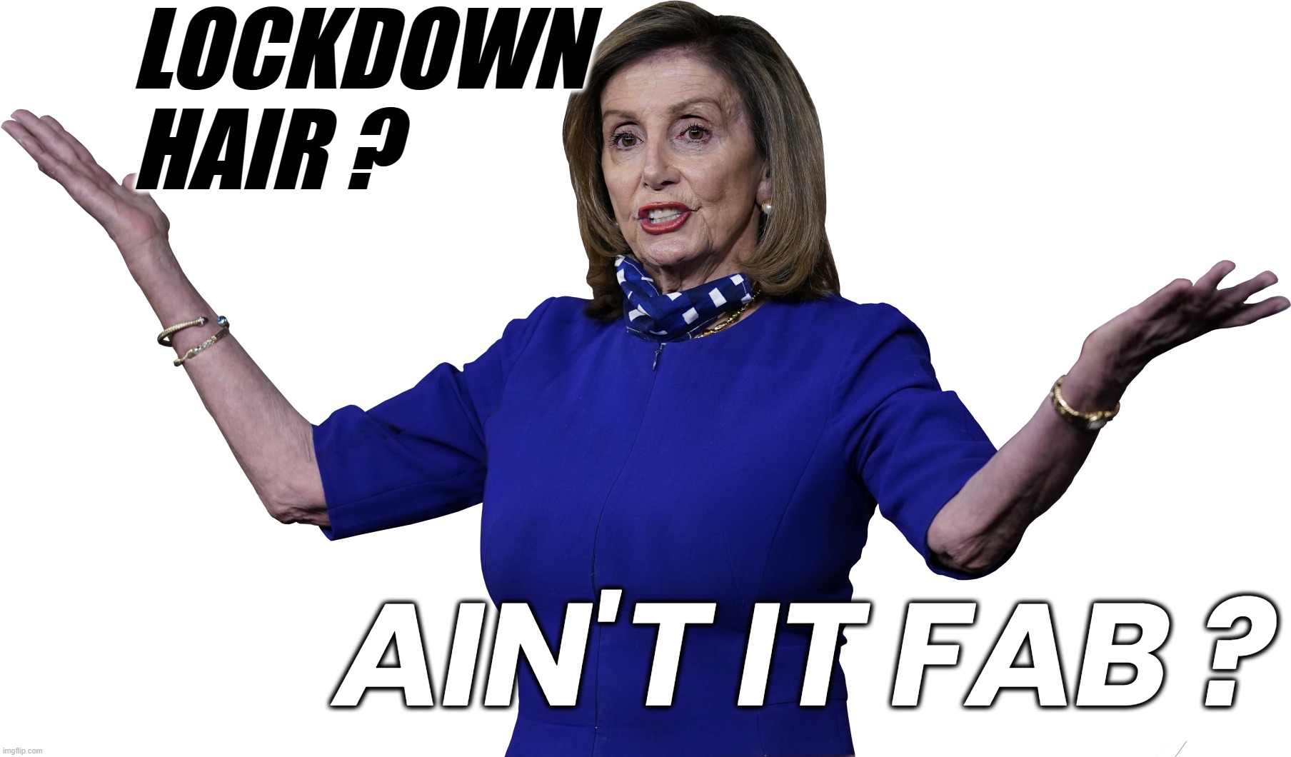 PELOSI'S LOCKDOWN HAIR... | LOCKDOWN
HAIR ? AIN'T IT FAB ? | image tagged in pelosi,speaker,hypocrite,hair,cheat,liar | made w/ Imgflip meme maker