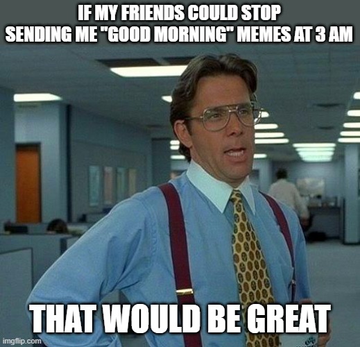 Post Midnight Messaging Friends | IF MY FRIENDS COULD STOP SENDING ME "GOOD MORNING" MEMES AT 3 AM; THAT WOULD BE GREAT | image tagged in memes,that would be great,midnight,funny,group chats,friends | made w/ Imgflip meme maker