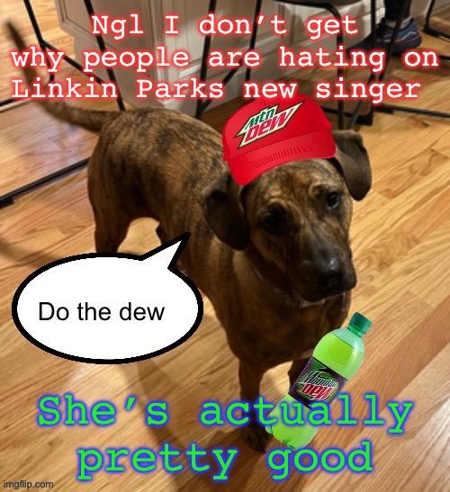 Do the dew | Ngl I don’t get why people are hating on Linkin Parks new singer; She’s actually pretty good | image tagged in do the dew | made w/ Imgflip meme maker