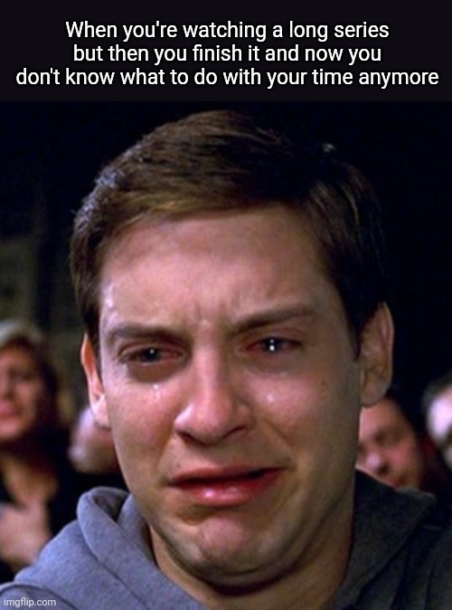 Movie series sadness. | When you're watching a long series but then you finish it and now you don't know what to do with your time anymore | image tagged in crying peter parker,movies,sad,series,movie series,relatable | made w/ Imgflip meme maker