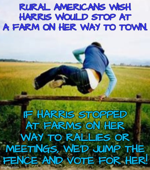 Promises Both Ways | RURAL AMERICANS WISH HARRIS WOULD STOP AT A FARM ON HER WAY TO TOWN. IF HARRIS STOPPED AT FARMS ON HER WAY TO RALLIES OR MEETINGS, WE'D JUMP THE FENCE AND VOTE FOR HER! | image tagged in dairy,farmers,dnc,msnbc,rural america,trump supporters | made w/ Imgflip meme maker