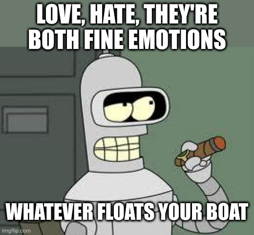 Bender | LOVE, HATE, THEY'RE BOTH FINE EMOTIONS WHATEVER FLOATS YOUR BOAT | image tagged in bender | made w/ Imgflip meme maker