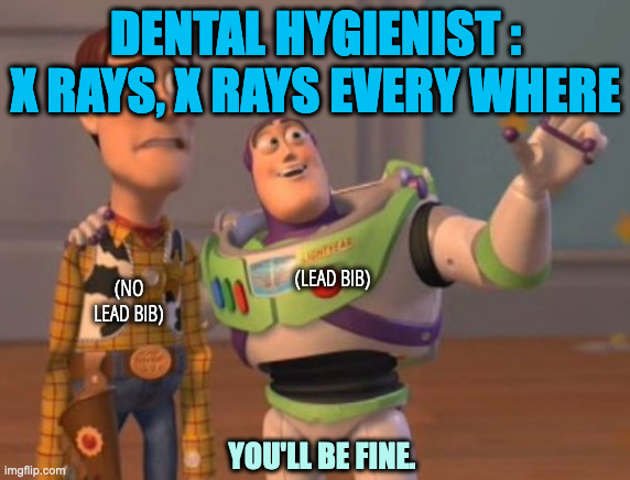 X, X Everywhere | DENTAL HYGIENIST : X RAYS, X RAYS EVERY WHERE (LEAD BIB) YOU'LL BE FINE. (NO LEAD BIB) | image tagged in x x everywhere | made w/ Imgflip meme maker